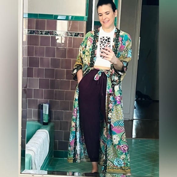 Boho Green floral print belt long boho kimono Cover up - Picture 11 of 11